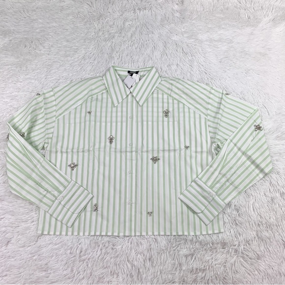 Express Embellished Striped Cropped Boyfriend Portofino Shirt long sleeve - Picture 2 of 12